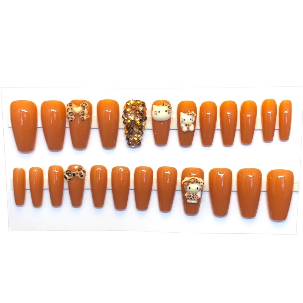 Handmade Custom Press On Nails Medium Length Coffin Hello Kitty Fall Nails Brown